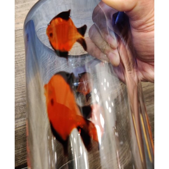 Vtg Murano? Cylinder Art Glass Ocean Fishes Vase Decor Cobalt Blue Rim 7x4" - Picture 3 of 10